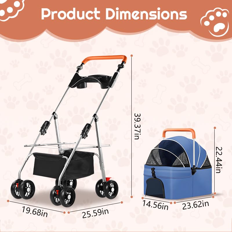 Simcat Haustier-Kinderwagen für kleine Hunde und Katzen, faltbarer Katzen-Hundewagen für mittelgroße Hunde mit 360 ° verschleißfesten Gummirädern Hundetrage (Blau)