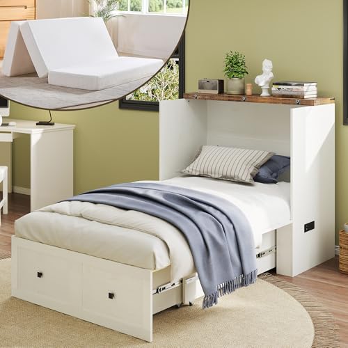 Image of LUXOAK Twin Murphy Bed with 6 inch Tri-Fold Memory Foam Mattress, Storage Drawer & Charging Station, Space-Saving Design for Home Office or Guest Room, White
