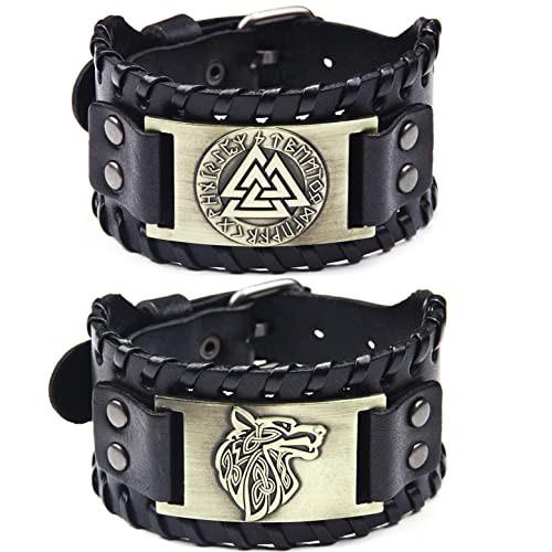 Sehaby Bracelet tissé à la main 2 pièces, bracelet à manchette large Viking, bracelet à noeud celtique nordique, Bronze Odin Triangle Rune Bracelet, Bracelet Vintage pour femmes hommes