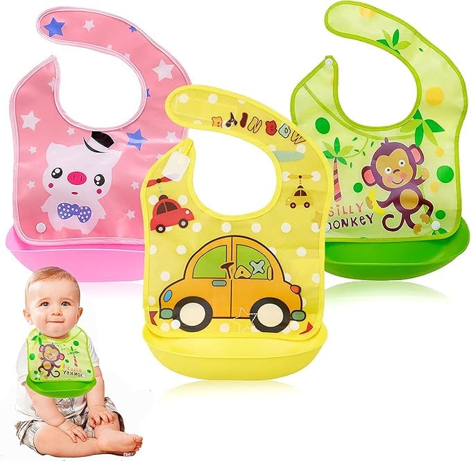 BabyGo Silicone Baby Detachable Waterproof Apron Bibs, Waterproof, Washable & Reusable, Non Messy Easy Cleaning, Adjustable Neckline with Buttons (Set Of 3)