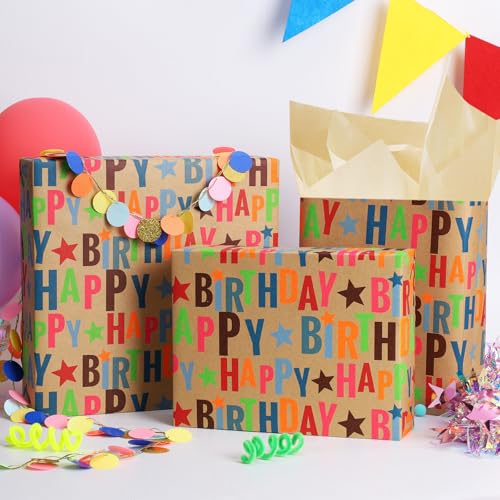 BIOBROWN Geburtstag Geschenkpapier, mit buntem Happy Birthday-Design, Kraftpapier ideal zum Verpacken von Geburtstagen und Feiertagen, 43 cm x 10 m