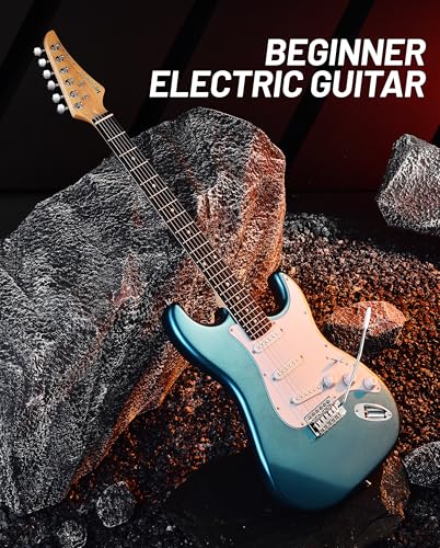 Image of Leo Jaymz Beginner Electric Guitar 39 inch Kit with Portable Amplifier, Padded Gig Bag, Digital Tuner，Capo，Strap，Picks，Classic SSS Pickups(Blue-SSS)