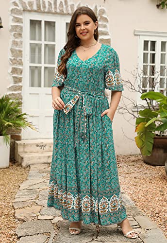 Nemidor Womens Plus Size Boho Floral Positioning Print Casual Flared Maxi Dress with Pocket NEM4222