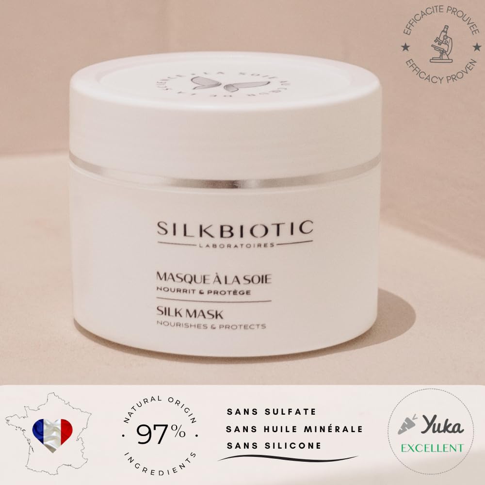 Masque à la soie - Soin Cheveux Longueurs et pointes – Nourrit, répare, protège – Acides aminés de soie, Beurres de karité et de cacao – Sans sulfate, sans silicone – 200ml