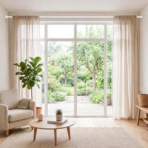 Image of Long Tension Curtain Rod 40-113inch White Curtain Rods no Drilling Adjustable Tension Rod for Windows,bathroom,Patio,Doorway,Heavy Duty Spring Rods Diameter 1.26inch