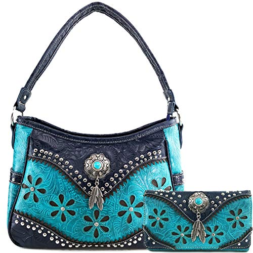 Justin West Cowgirl Leather Cut Concealed Carry Feather Concho Country Vintage Western Handbag Purse Wallet Set