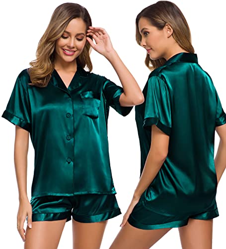 Image of SWOMOG Womens Silk Satin Pajamas Set Short Sleeve Sleepwear Button Down Top and Shorts Loungewear 2 Piece Pjs Set XS-3XL Deep Green Solid Large