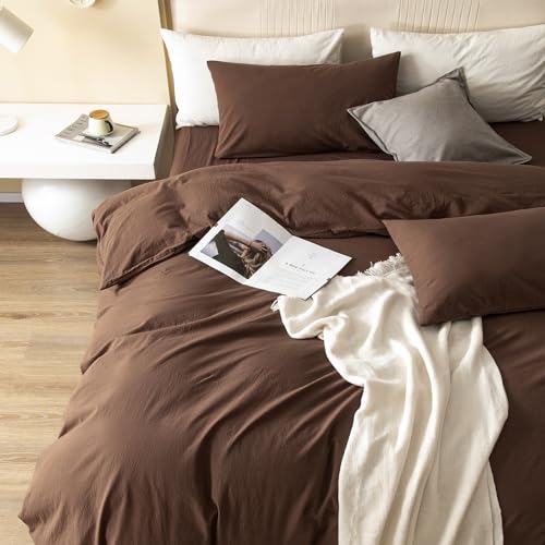 JIYUAN 100% Washed Cotton Duvet Cover Set 3 Pieces Full, 1 Duvet Cover 80x90 Inches(Comforter Not Included) and 2 Pillowcases,Linen Feel Bedding Set Comfy and Breathable,Chocolate Brown
