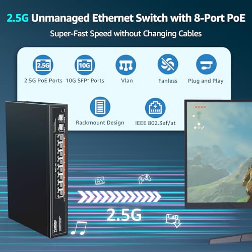 Image of YuanLey 10 Port 2.5G PoE Switch Unmanaged, 8 x 2.5G Base-T PoE Ports, 2 x 10G SFP, IEEE802.3af /at, 120W, Compatible with 100 /1000 /2500Mbps, Metal Fanless, VLAN, Rack Mount 2.5Gbe Network Switch