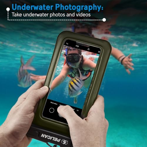 Image of Pelican 2 Pack Marine Waterproof Phone Pouch (Regular) - Olive Green | Touchscreen IP68 Floating Waterproof Phone Case w /Detachable Lanyard - Fits All Phones - Beach Cruise Ship Travel Essentials