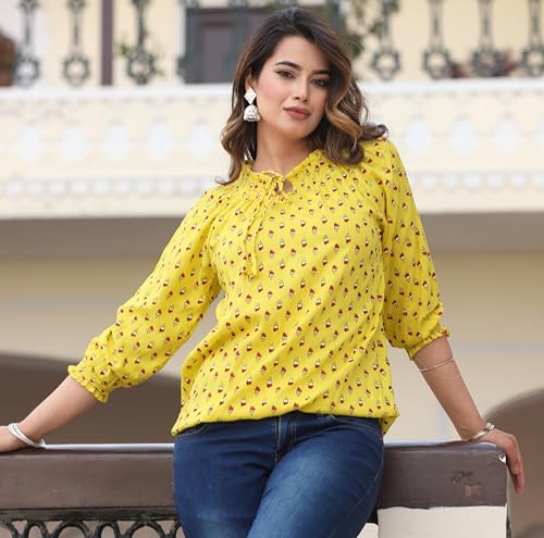 Image of Himanshi Enterprises Women's Traditional Casual 3 /4 Sleeves Mandarin Nack Rayon Floral Printed Short Kurti