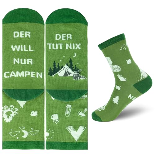 Komoke Camping-Outdoor-Socken für Männer - Leichtgrüne Socken mit Zelt-, Berg- und Baum-Motiv - Bequem & Atmungsaktiv für Outdoor-Aktivitäten