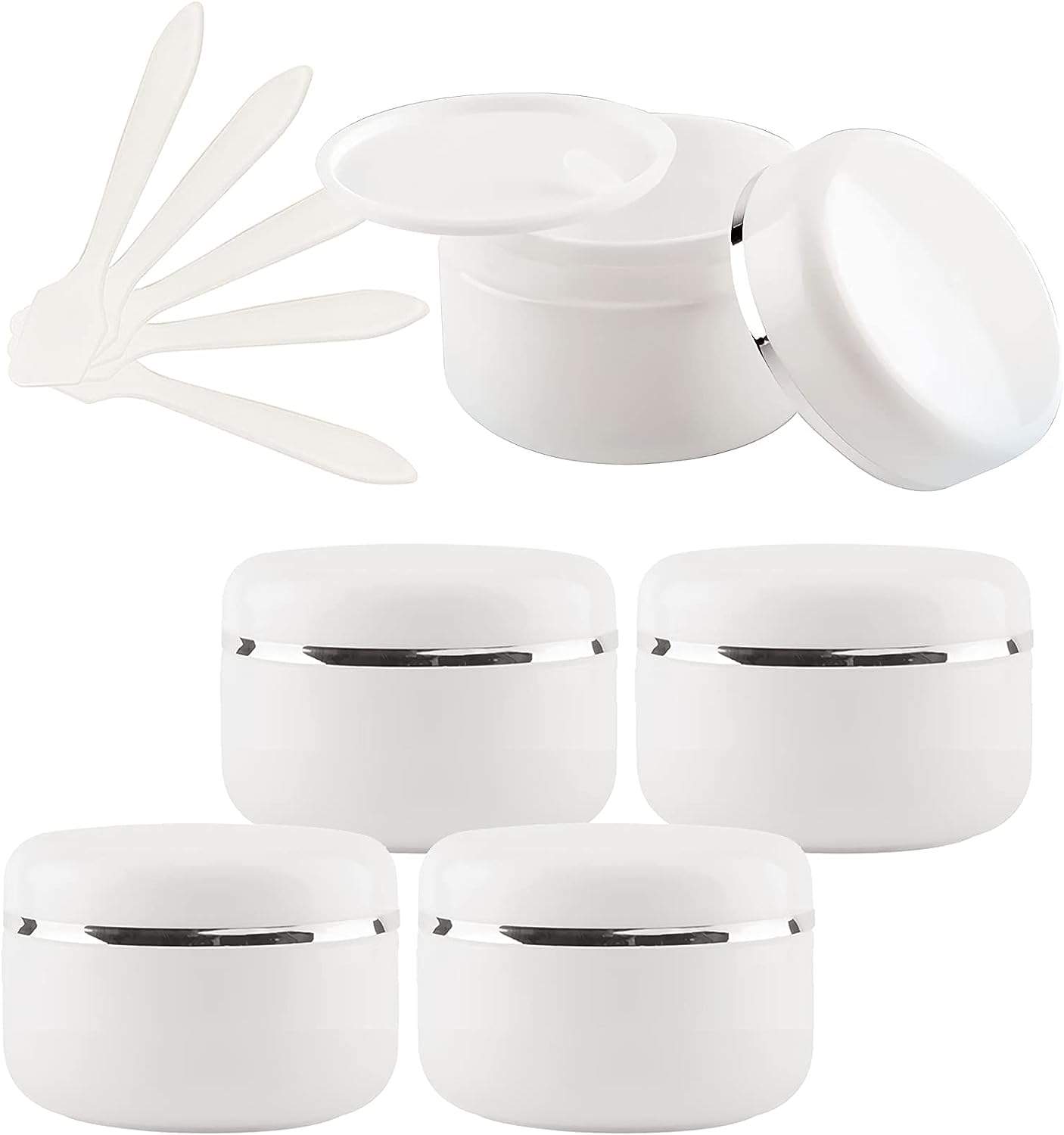KRXSOBNV Cosmetic Jars, 5 PC with Screw Lid with Silver Ribbon Small Storage Pot Containers for Homemade Salve, 5X Spatula(20ml)