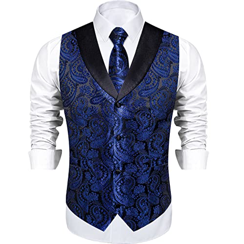 Image of DiBanGu Mens Paisley Suit Vest Silk Jacquard Waistcoat and Necktie Set Formal Shawl Collar Dress Vest 7PCS for Wedding Party