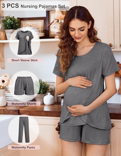 Image of Ekouaer 3 PCS Maternity Nursing Pajamas Set Postpartum Breastfeeding Short Sleeve Shirts, Pregnancy Shorts & Pants Pjs S-XXL