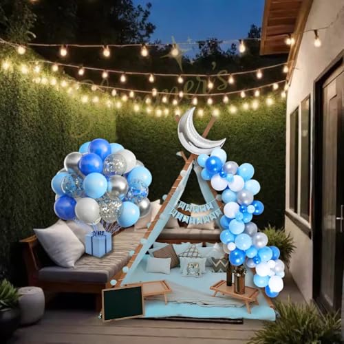 Image of Shimmers Blue Silver Birthday Decoration Kit Set of 74 - Balloon Arch with Happy Birthday Banner, Moon Foil Balloon, Net Curtains, Confetti Balloons & Lights for Party Backdrop Decor