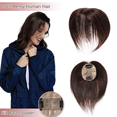 100% Real Human Hair Silk Base Top Hairpiece Clip in Hair Topper for Women Crown in Hand-made Toppee Middle Part with Thinning Hair Loss Hair #4 Medium Brown 12''20g