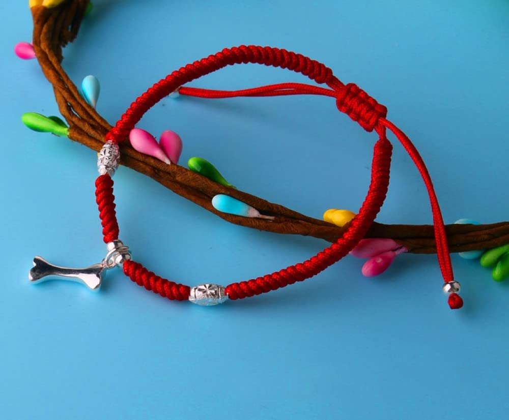 Bracciale rigido in argento for donna, bracciale intrecciato in corda rossa con ciondolo in argento S925 con perline in osso Braccialetti dell'amicizia regolabili Simpatici gioielli fortunat