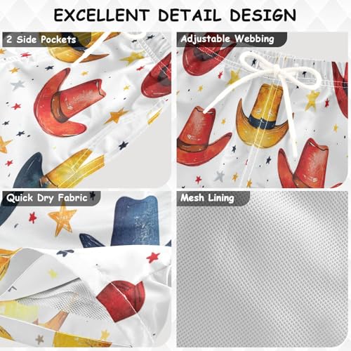 Boys Beach Board Shorts Cowboy Hat Star White Swim Trunk Teen Swimwear3