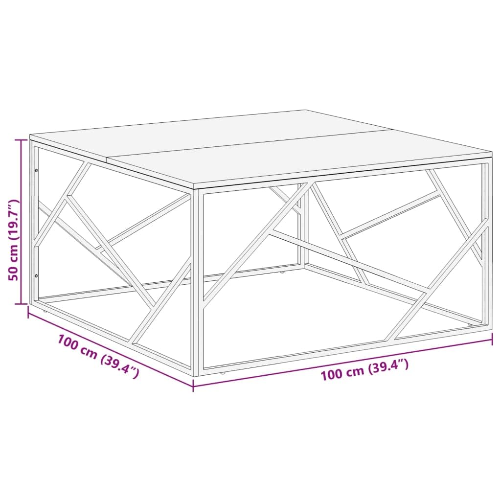 Mesa de centro plateada de acero inoxidable, traviesas de madera maciza, 100 x 100 x 50 cm, robusta mesa de salón para aperitivos y bebidas, diseño fácil de limpiar