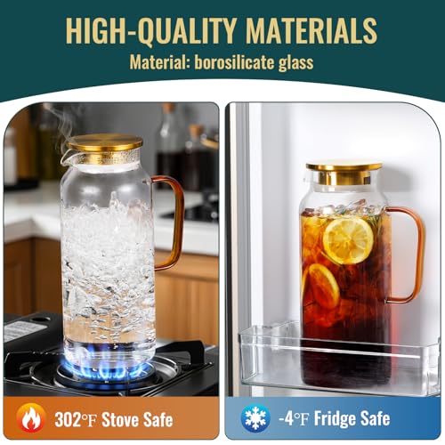 4 Pack 2 Liter/68 oz Glass Pitcher with Lid, Water Pitchers with Handle for Fridge, Large Jug for Iced Tea, Coffee, Borosilicate Glass Carafe for Hot/Cold Brew Drink and Homemade Beverage, Gold - Image 4
