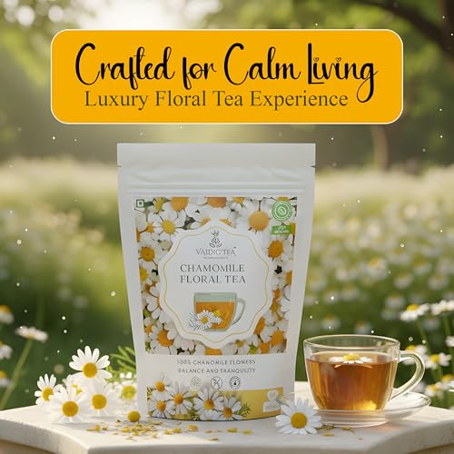 Image of VAIDIC TEA Chamomile Tea, 50g, Herbal Tea, Caffeine Free, Supports Calm Sleep & Relaxation, Flower Based, Non-Bitter, Zipper Pack
