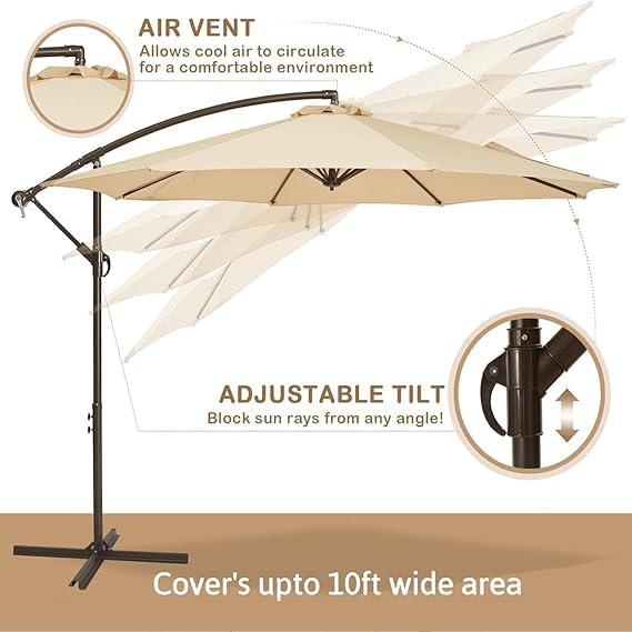 Image of Hukimoyo 10Ft Diameter Large Outdoor Patio Cantilever Offset Umbrella with Base Stand, Waterproof Heavy Duty Garden Parasol Sun Shade Canopy, Side Pole Umbrella for Backyard, Poolside, Deck, Lawn, Terrace, Cafe.