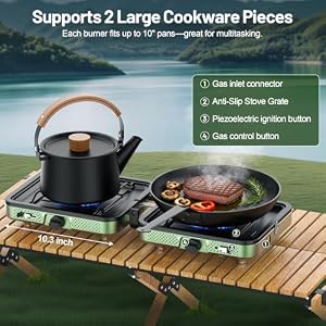 Portable Camping stove, 2 Burner Foldable Camping Stove with Griddle and Carrying Bag & Hose, 8600BTU Portable Propane Camp Stove with Ignition & 2 Adjustable Burners, for Camping Tailgating BBQ Grill — photo 5 of 6