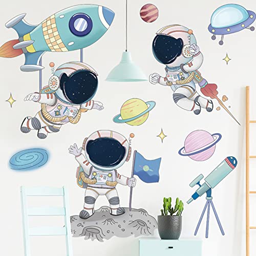 Astronaut Wall Decals Space Planet Stickers Boy Room Large Wall Decal Kids Bedroom Self-Adhesive Cute Wall Decoration For Boys Room For Living Room Playing Room Murals Gift Supplies #TOP1