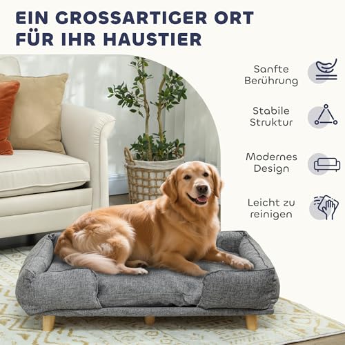 PawHut Hundesofa Hundecouch mit Rückenlehne, Holzbeine Hundebett mit Polyester Haustiersofa Katzensofa für große Hunde bis zu 30 kg und 60 cm Schulterhöhe, 96 x 66 x 24 cm Dunkelgrau