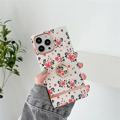 Étui iPhone 12 Pro Max silicone fleurs avec support bague carré