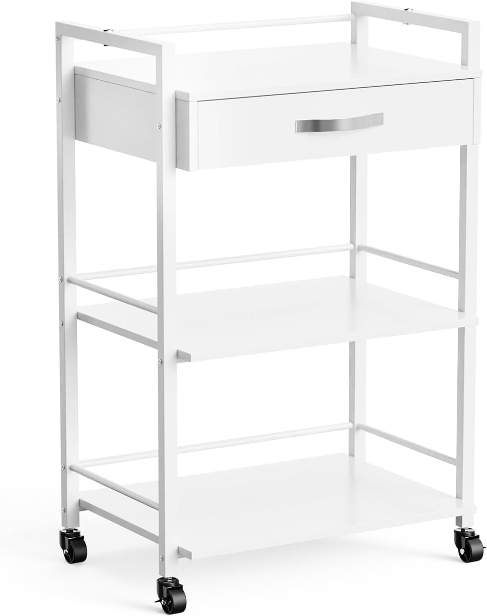 OmySalon Salon Trolley Cart with Wheels, Esthetician Cart with 1 Drawer & 2 Trays, Mobile Storage Organizer for Beauty Spa Massage Tattoo Esthetic Facial Tool Holder Station, White