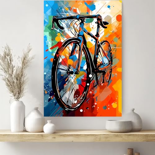 Tableau abstrait vélo vibrant, décoration murale moderne en toile 45x60cm pour chambre et bureau