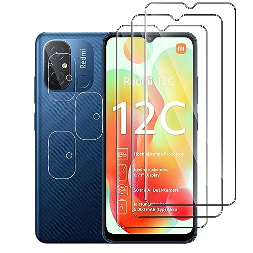 Pcircb [3+3 Pièces] Verre Trempé Compatible avec xiaomi redmi 12c vitre protection, 3pcs protection écran et 3pcs Caméra Arrière Protecteur, 9H Dureté, HD, Sans Bulles, pour xiaomi redmi 12c