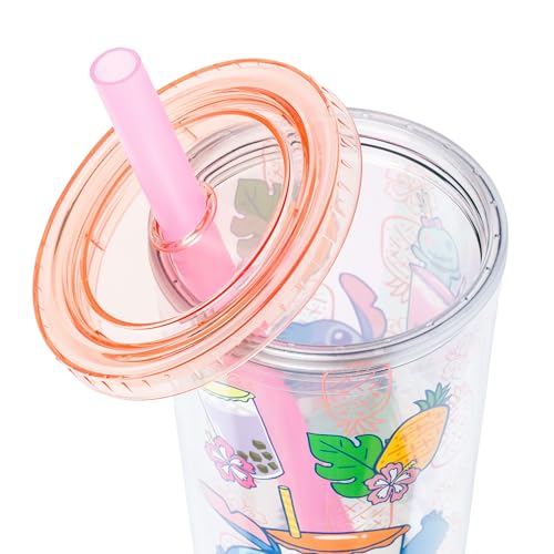Image of Silver Buffalo Disney Lilo and Stitch Featuring Stitch and Scrump Plastic Boba Tumbler with Lid and Straw, 24 Ounces
