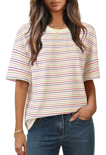 MEROKEETY Women's Summer Short Sleeve Shirt Casual Colourful Striped Crewneck Loose Tops Blouse, Beige, Medium