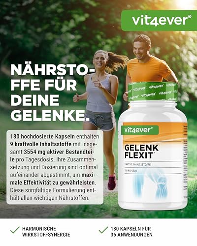 vit4ever Gelenk Flexit - 180 Kapseln - Hochdosierter Komplex mit Glucosamin + MSM + Weihrauch Extrakt + Chondroitin + Curcuma + Quercetin + L-Methionin + Bromelain + Vitamin C