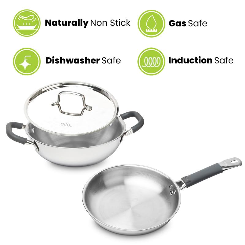 Image of Allo Stainless Steel Triply Cookware Set | Kadai with Lid (20 Cm /1.5 L)+ Fry Pan (20 Cm /1 L) | Perfect Cooking Combo for Curry /Stir-Fry /Deep-Fry /DryVeg /Sauta Induction Friendly Set of 3Pcs | Nonstick