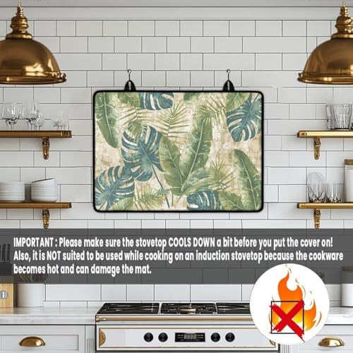 Image of Tropical Leaf Print Electric Stove Insulation Pad Heat & Stain Resistant Dish Drying Mat for Kitchen 30x21 Inch Cooktop Stove Guard Protector with Anti-Slip Grip Extra Large Mat