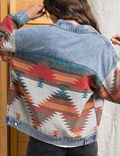 Women’s Aztec Shacket Jacket Lapel Long Sleeve Retro Jean Coat Oversized Western Denim Jacket4