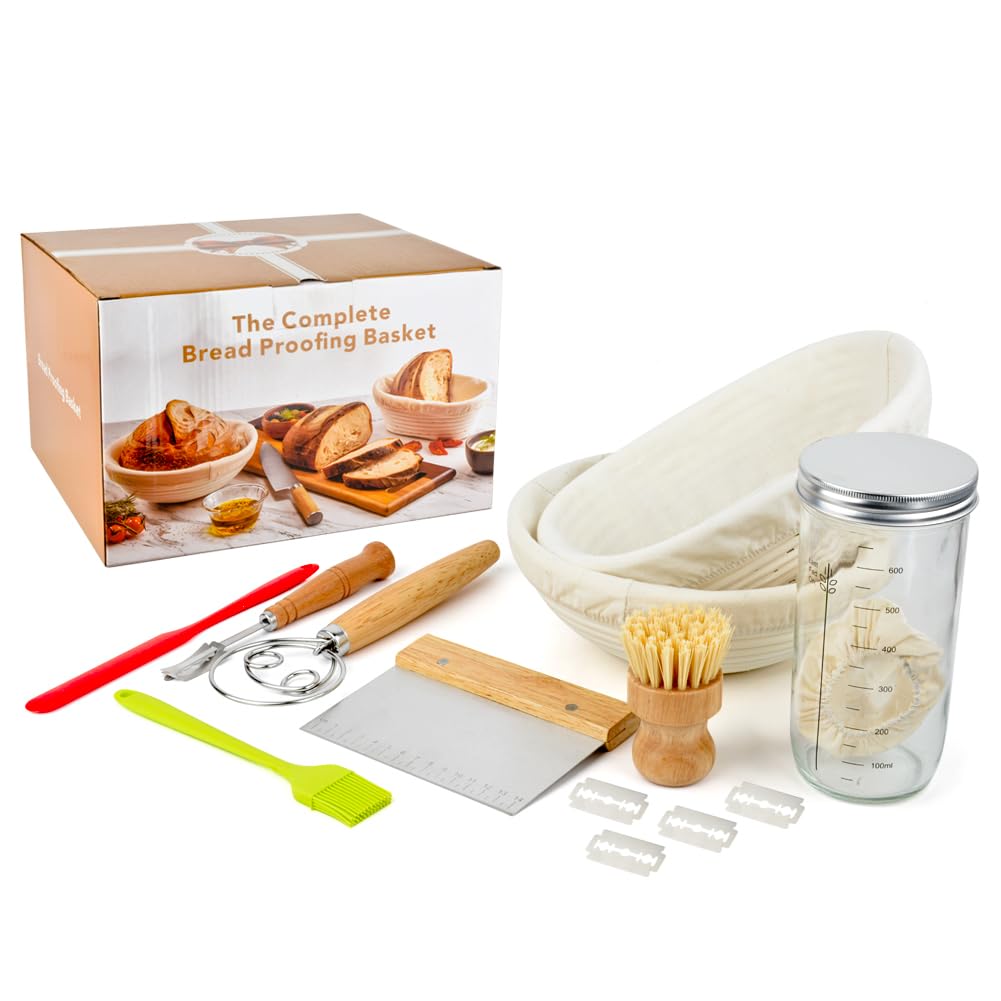 Set Cestino Lievitazione Pane in Rattan Naturale (25cm Ovale + 23cm Rotondo) con Tela di Lino, Raschietto Pasta e Accessori - per Casereccio e Porta Pane da Tavola