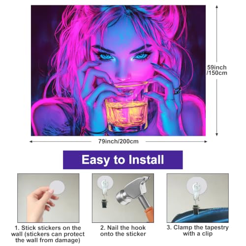 Image of BlissYard Blacklight Anime Girl Tapestry 78x59 Inch Girl Poster | Cool Cute Woman UV Reactive Wall Hanging, Glow in The Dark Aesthetic Poster for Bedroom Room Party Backdrop Bar Decor