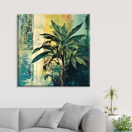 Image of Exsha Abstract Green Plant Foliage Canvas Wall Painting|Modern Tropical Leaves Paintings for Living Room, Bedroom, Office, Balcony Decor|Contemporary Nature Art Print for Wall Decoration|20x20 Inch
