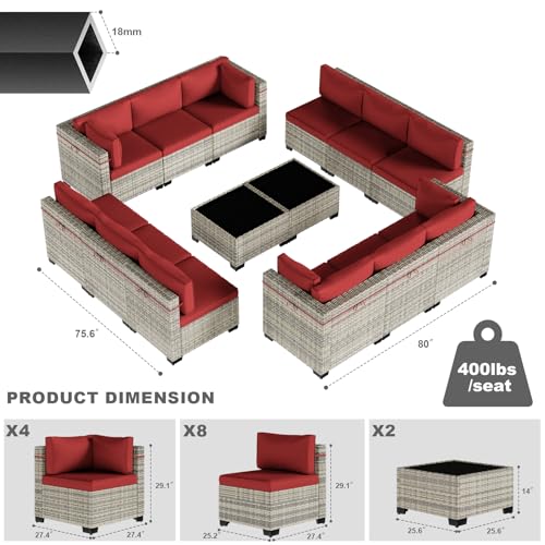 Image of 14-Piece Patio Furniture Set, Outdoor Sectional with Thick Cushions, Modular Patio Sofa, Dual-Strand Wicker Rattan, Rust-Resistant Frame, Backyard Furniture for Garden, Deck, Red