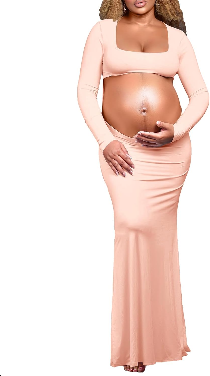 Dedysler Cut Out Maternity Dress for Photos Open Belly Long Sleeve Photography Gown Square Neck Maternity Outfit Dresses