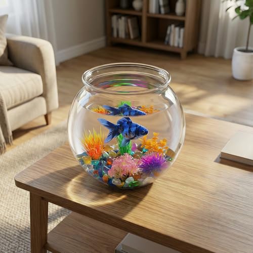 1 Gallon Clear Plastic Fish Bowl Set with 5 Artificial Plants and Stones by Plus tard - Used condition - Image 7