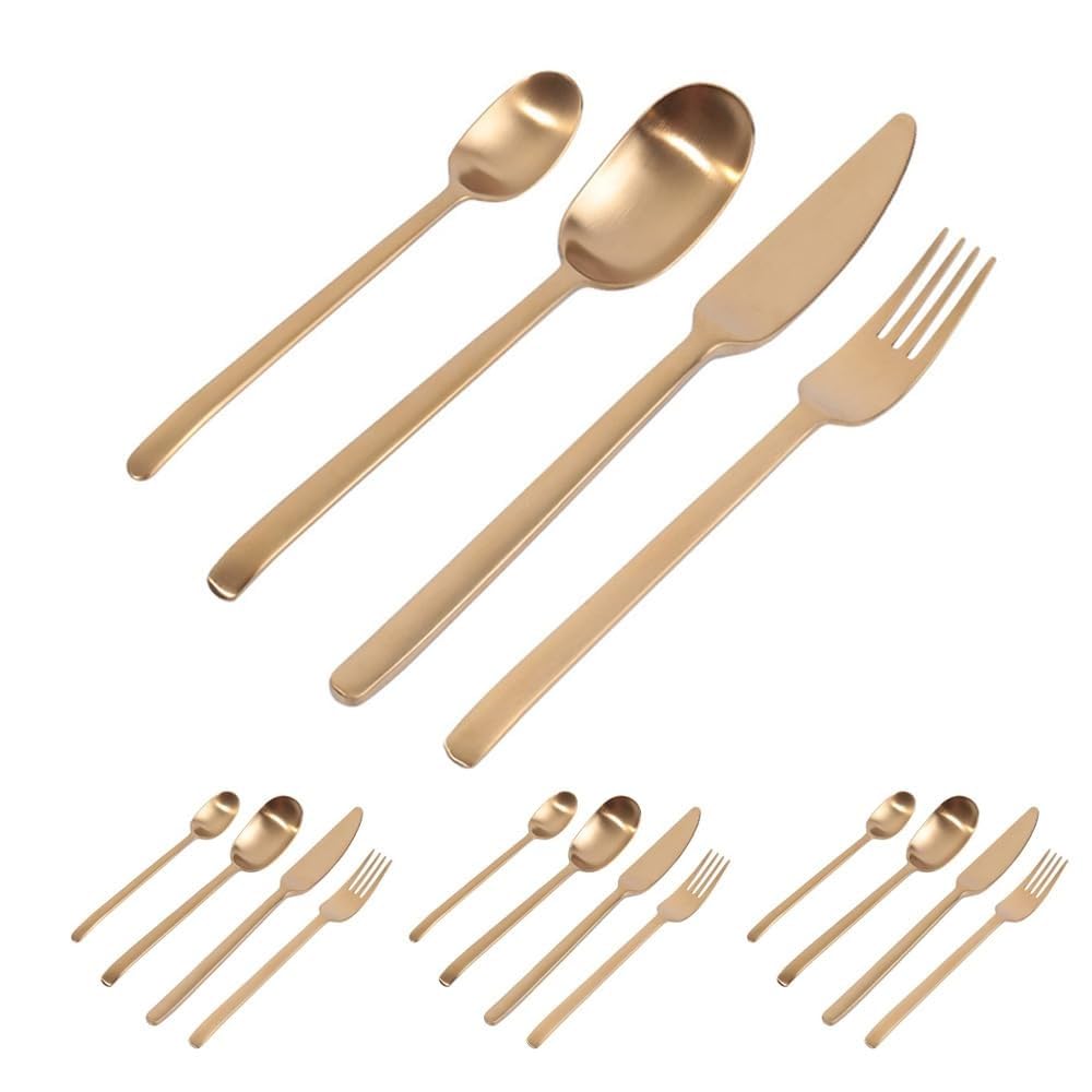Maniglia Satinata Opaca Cucina Acciaio Inossidabile Posate Stoviglie Posate Coltelli Forchette Cucchiai Set Coltello Da Bistecca Cucchiaio Da Dessert (Oro,16 pezzi)