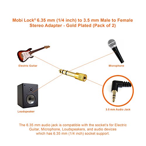 Image of 6.35mm Plug to 3.5mm Socket Stereo Audio Jack Adapter, Gold-Plated, 2-Pack | 1 /4in to 1 /8in, connects amps, guitars, pianos, drums, speakers & mics to smaller devices