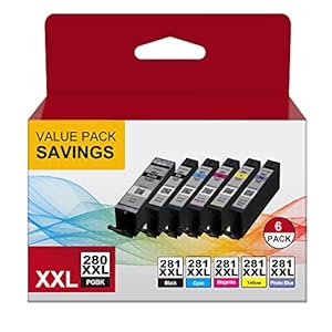 PGI-280XXL CLI-281XXL 6 Color Value Pack Replacement for Canon Ink 280 and 281 Cartridges to use with Canon TS9120 TS8220 TS8320 TS8120 TS9100 TS8222 Inkjet Pinter (5 Pack + Photo Blue)