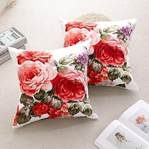Vintage Floral Throw Pillow Covers Set of 2 Watercolor Peony Orange Flower Pillow Cases Farmhouse Decorative for Couch Bed Living Room 18X18 Inch Summer Green Leaves Cushion Pink White Cover